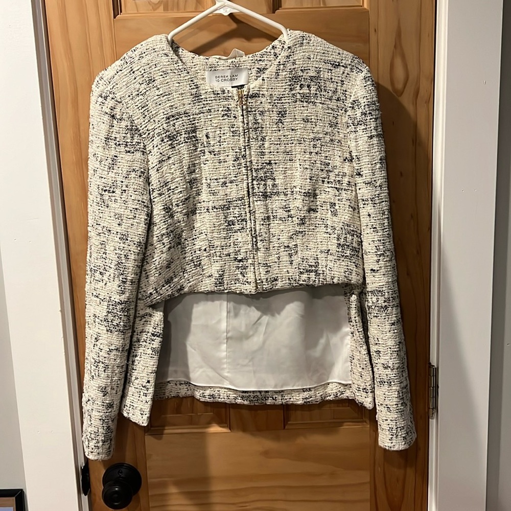 Derek Lam 10 Crosby - White & Black Tweed High-Low Zip-Up Jacket Sz 2